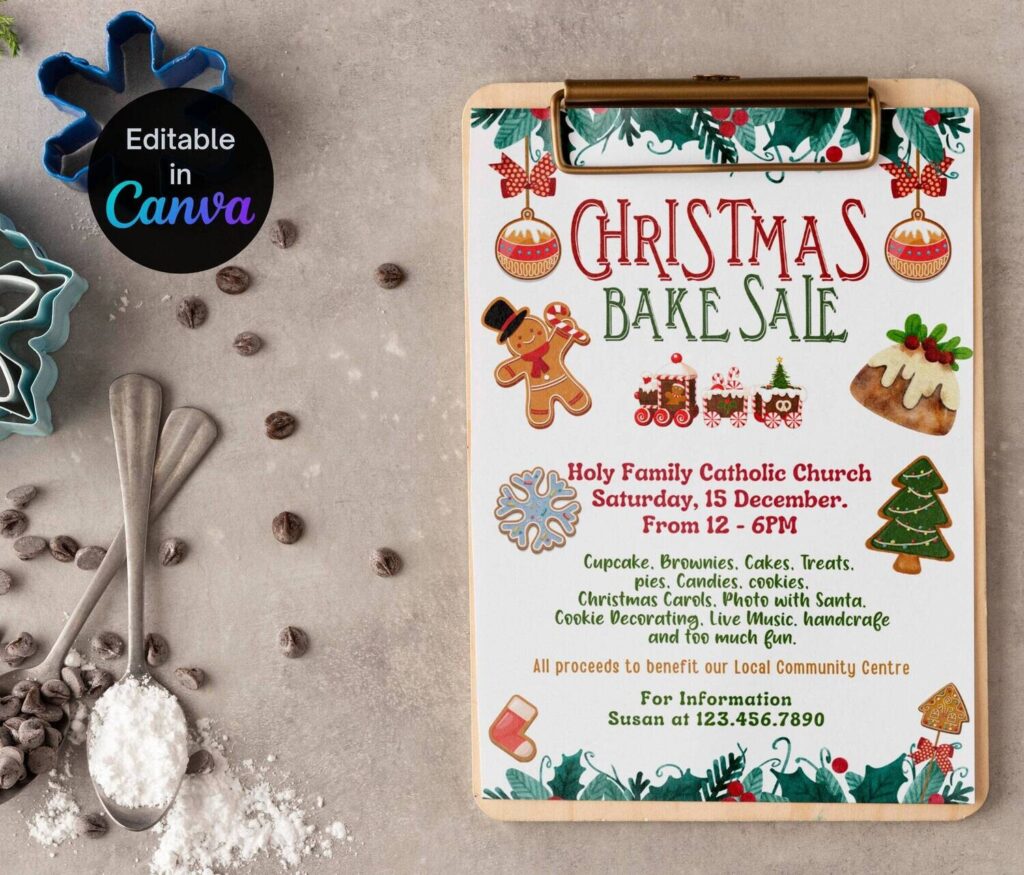 festive font and colorful paper to create eye-catching signs for holiday bake sale
