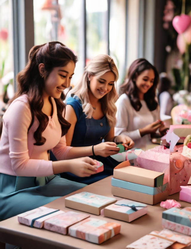 women arranging thoughtful gifts for mother's day tea party