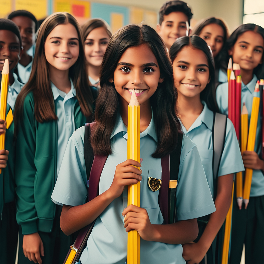 students posing with oversized pencils for a school picture