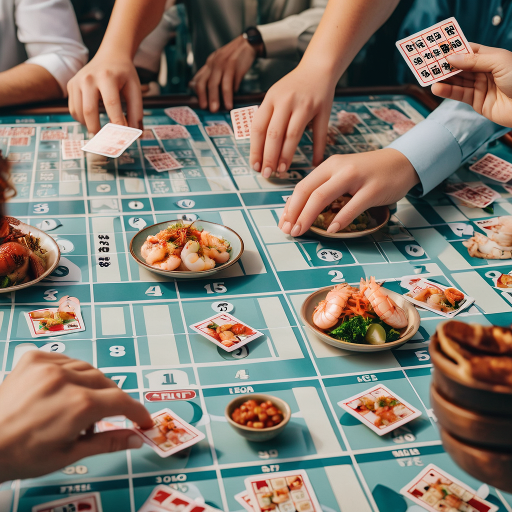 people  playing bingo cards with squares featuring different types of seafood dishes
