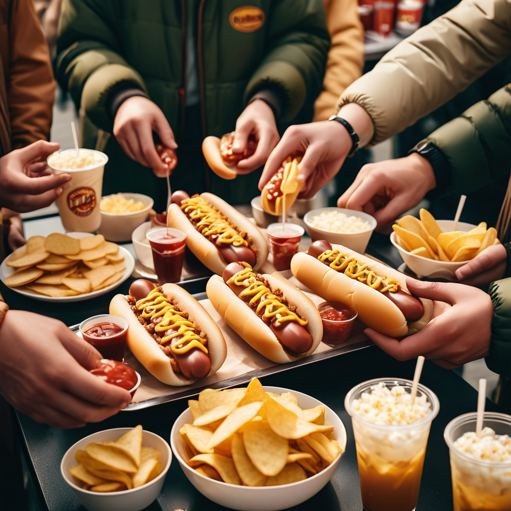 people having Hot Dog with chips, drinks, desserts