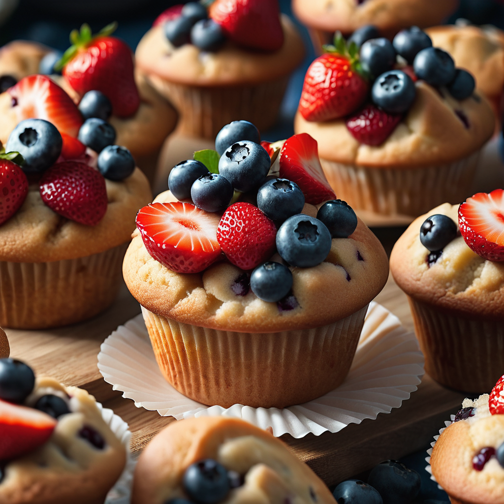 mini muffins with a slice of fruit, such as a strawberry or a blueberry
