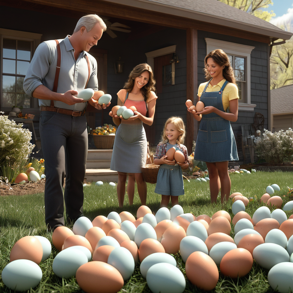 Family gathering eggs for the Egg My Yard fundraiser