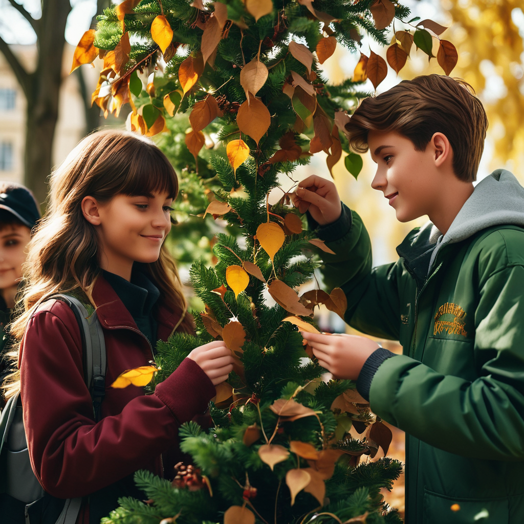 students decorating a tree with leaves