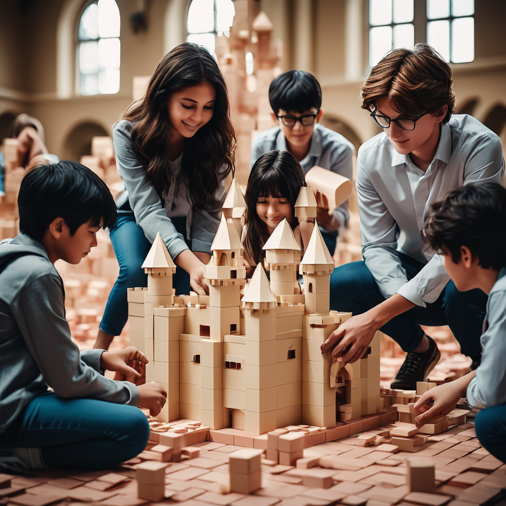 students building a giant paper castle