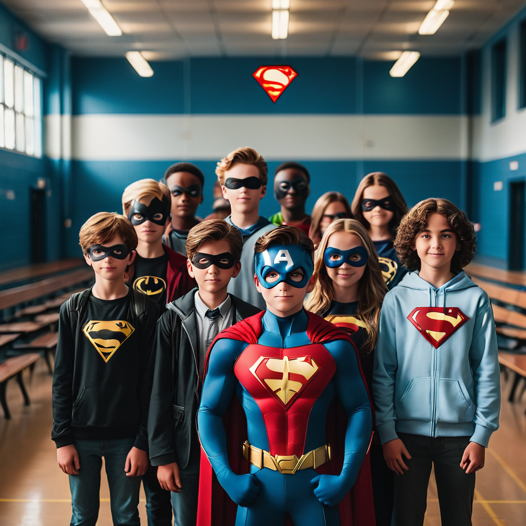 students posing with their favorite superhero for a school photo