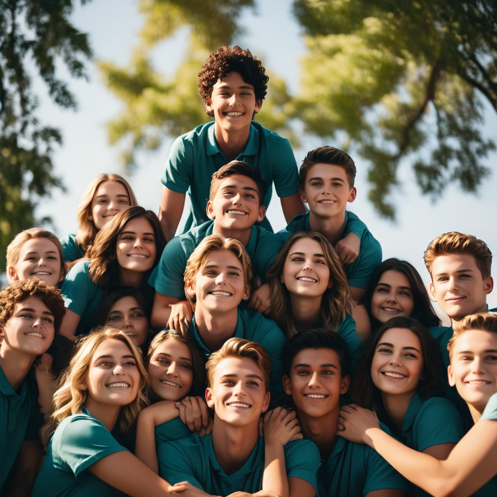 students posing by creating a human pyramid for a school picture