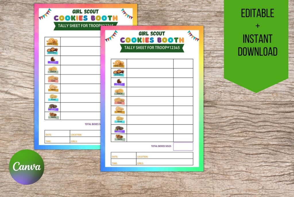 Customisable Bakers Girl Scout Cookie Booth Tally Sheet