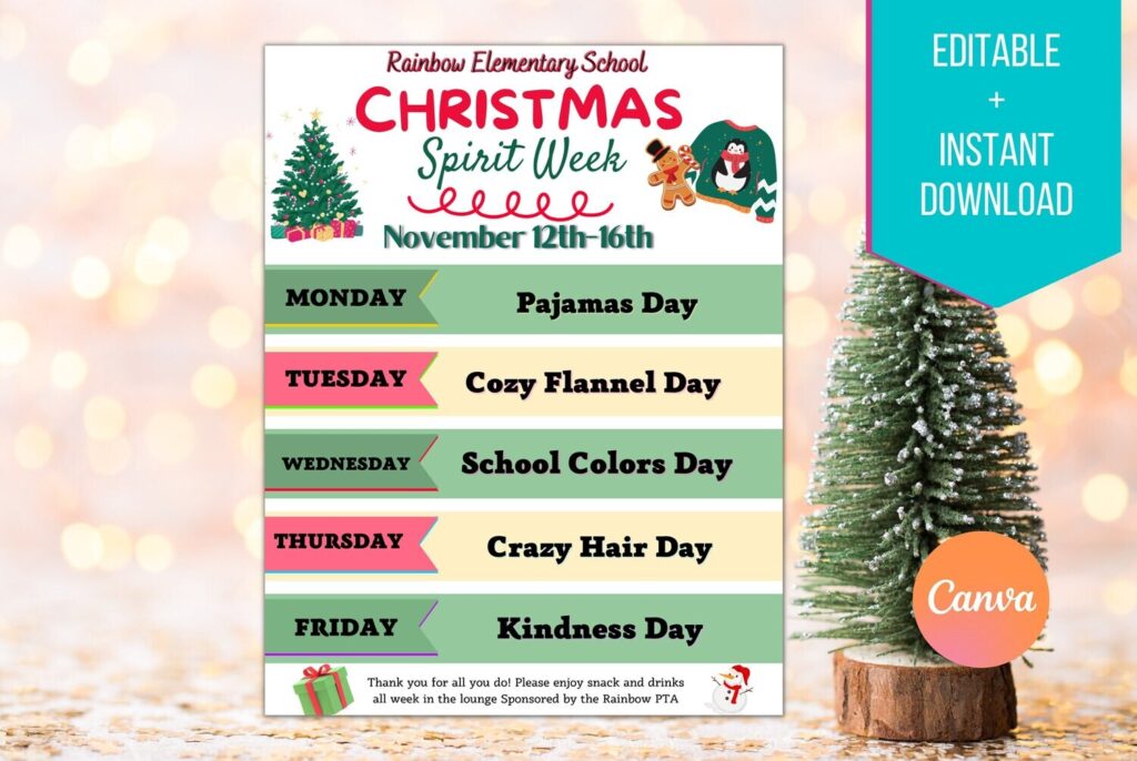 Editable Christmas Spirit Week Itinerary flyer