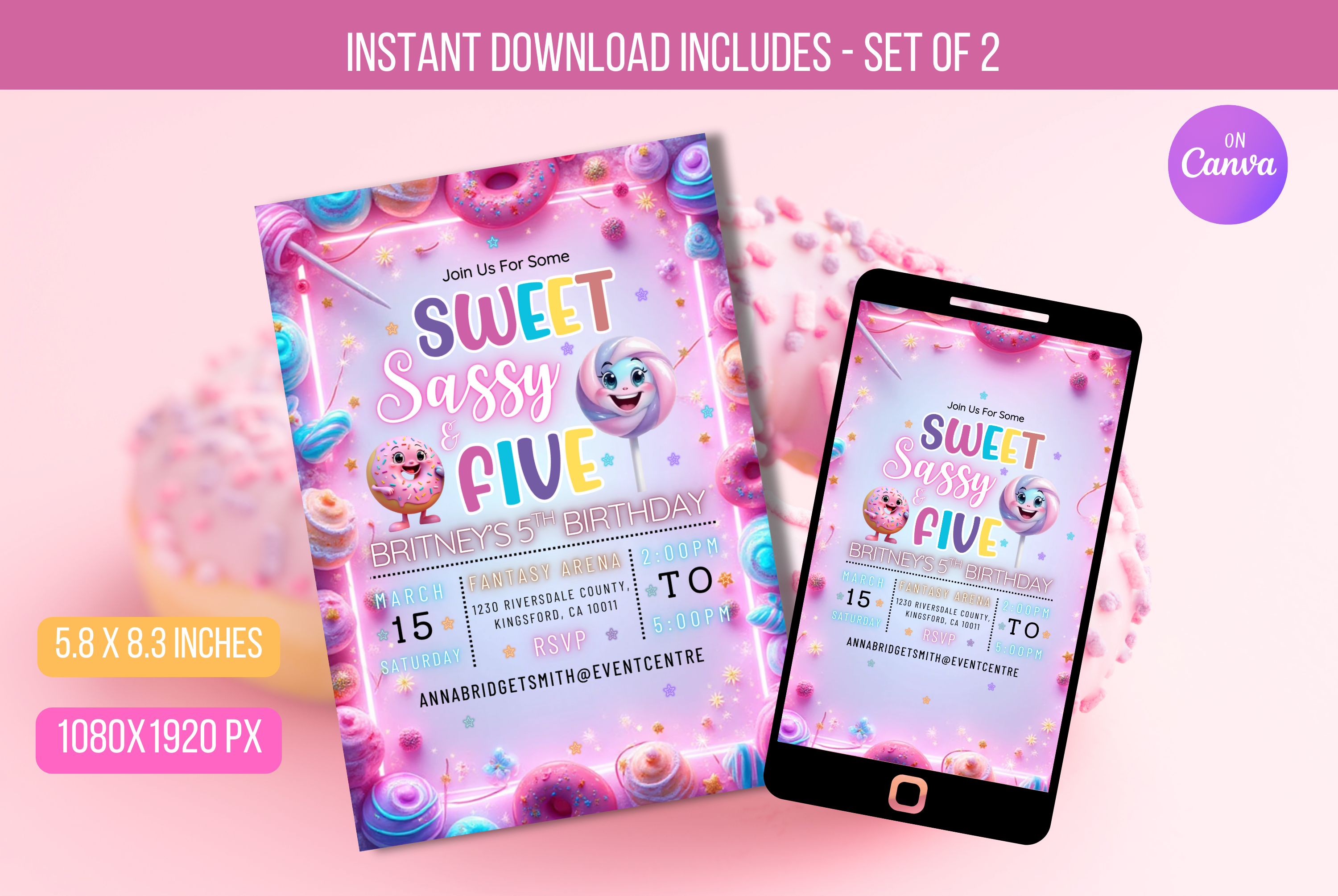 Editable Sweet Sassy And Five Birthday Party Invitation