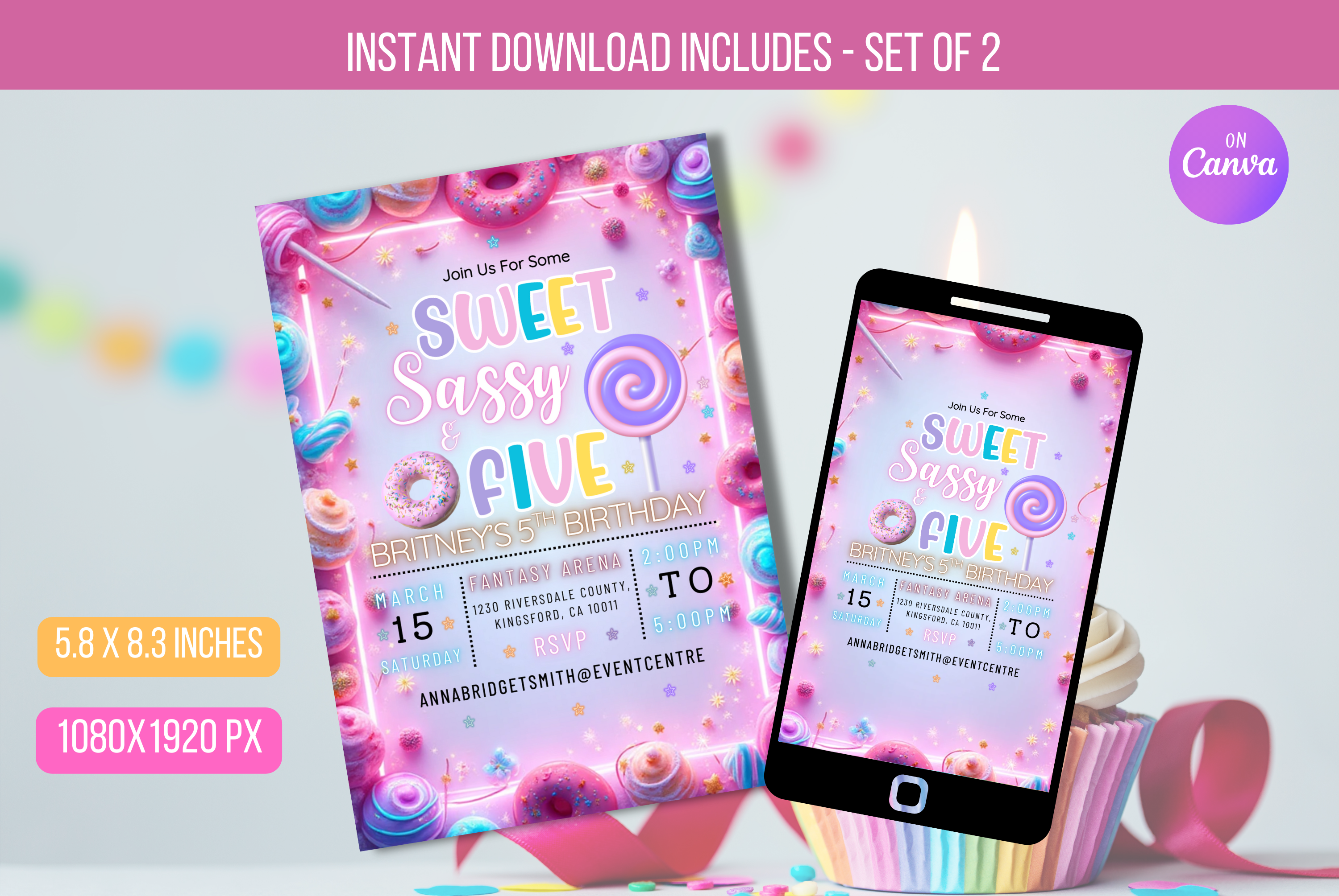 Editable Sweet Sassy And Five Birthday Party Invite