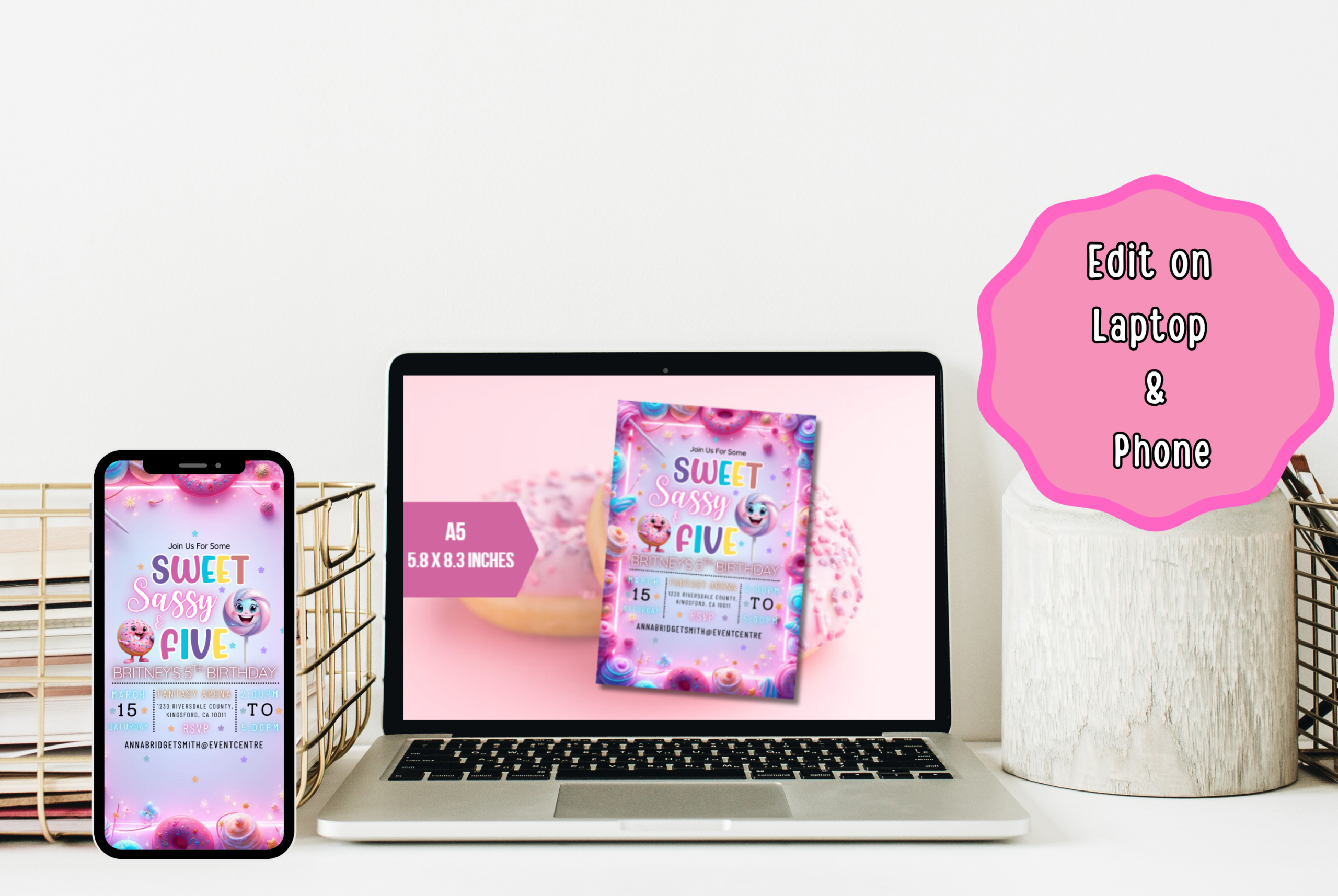 Editable Candy sweet sassy and 5th birthday invite
