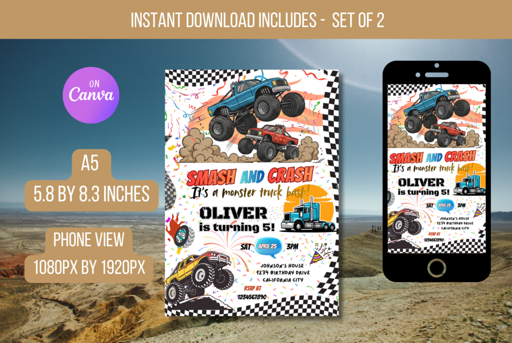 Monster Truck Theme Birthday Flyer Invite