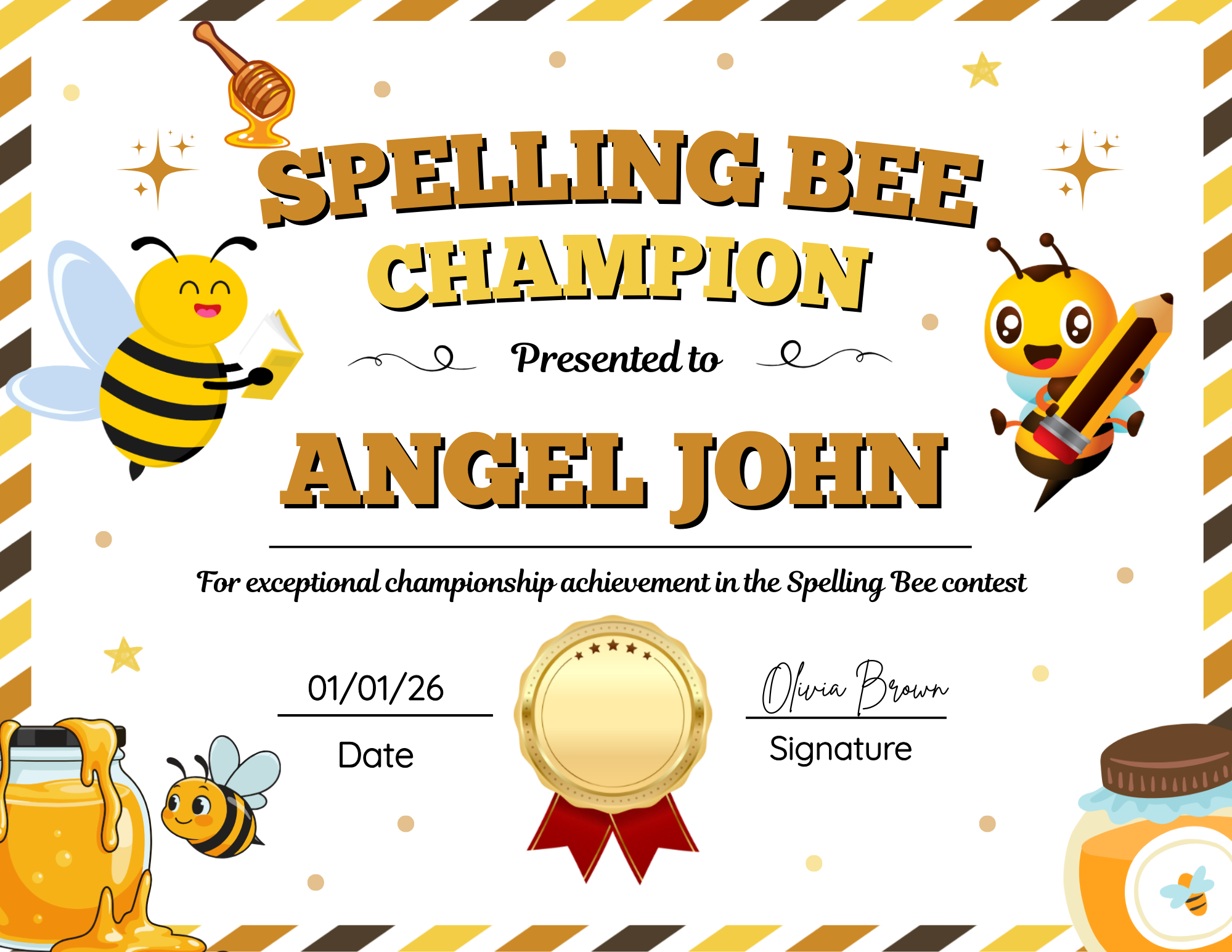 Golden Bee Spelling Champion Certificate
