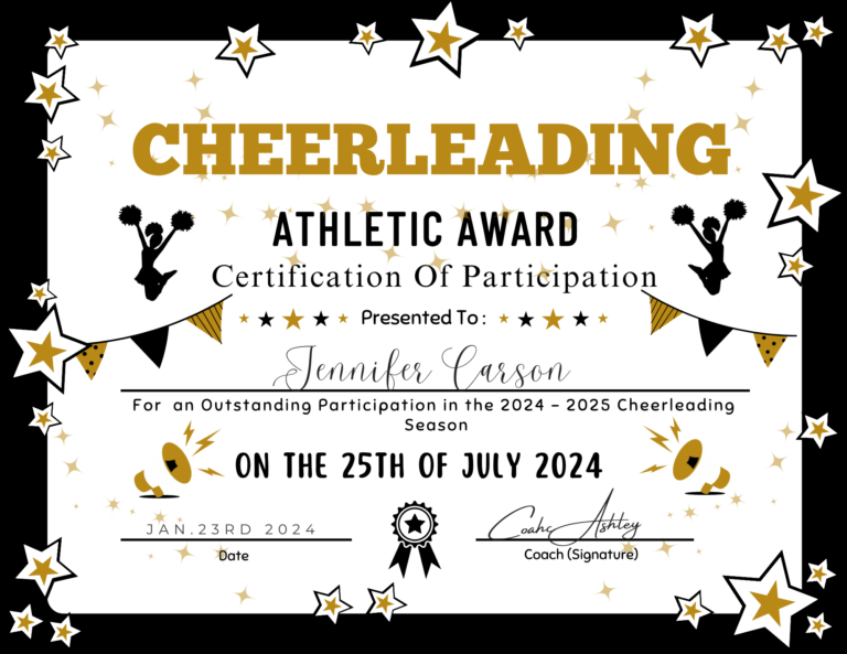 Gold Star Cheerleading Certificate