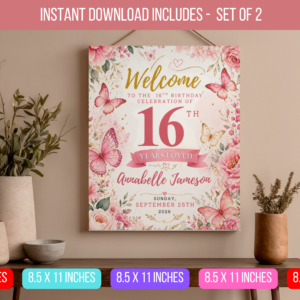 EDITABLE 16th Birthday Party Welcome Sign Floral Décor