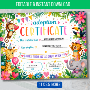EDITABLE Safari Adoption Certificate Pet adoption party certificate