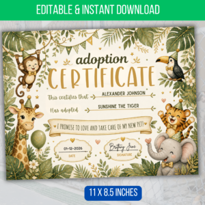 EDITABLE Safari Adoption Certificate Pet adoption party certificate