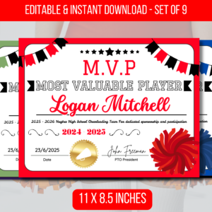 EDITABLE Cheerleader Most Valuable Player Certificate
