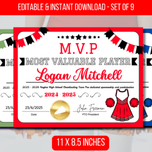 EDITABLE Cheerleader Most Valuable Player Certificate, Cheer Certificates Sports Award