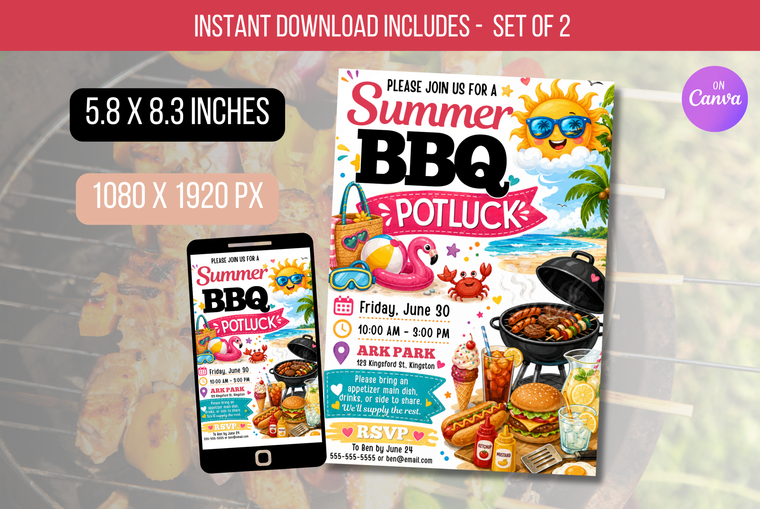 EDITABLE Summer BBQ Potluck Invite, BBQ Summer Party Invitation