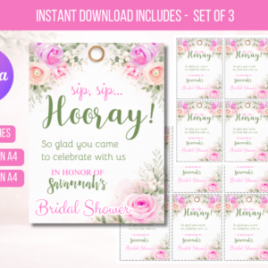 EDITABLE Sip Sip Hooray Bridal Shower Favor Tags