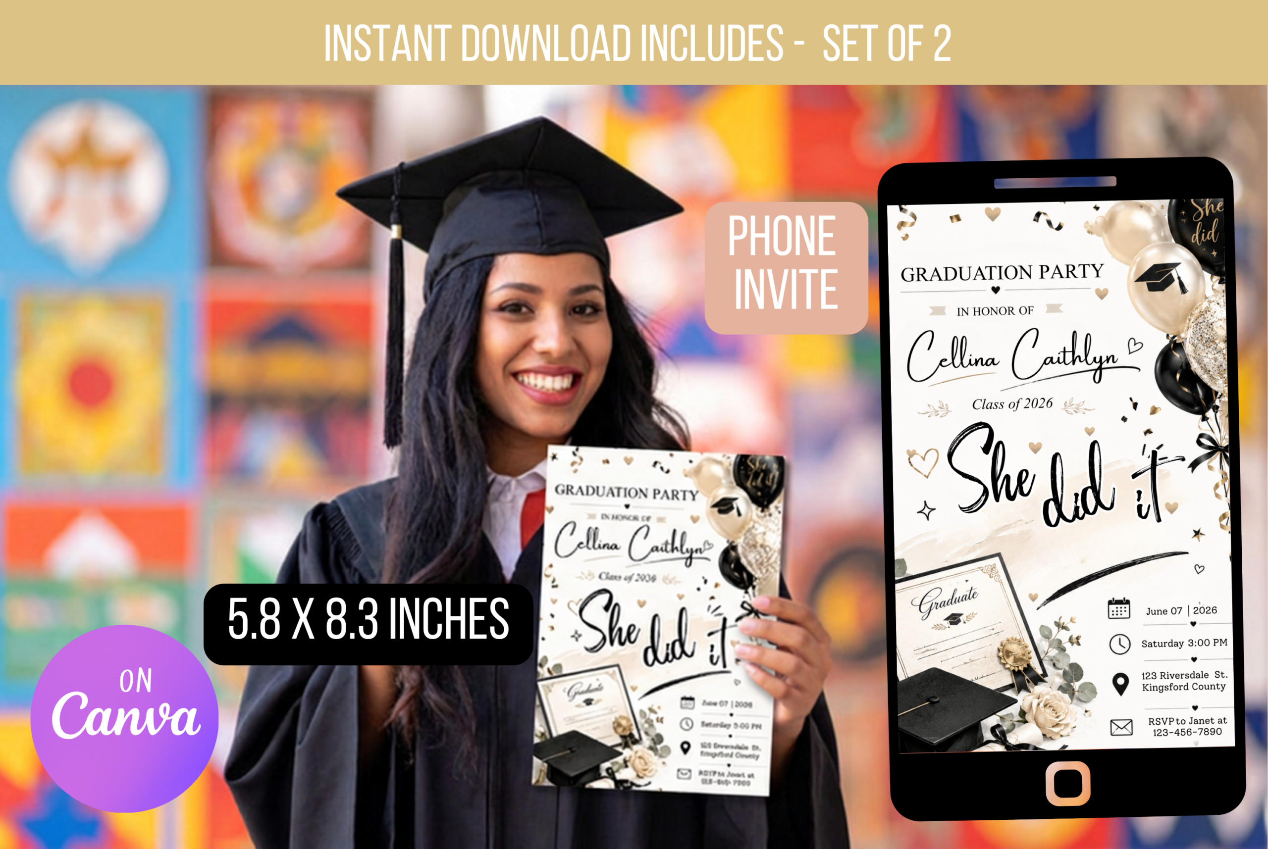 EDITABLE She Did It Graduation Invitation Template