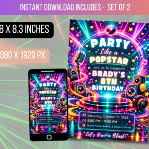 EDITABLE Party Like A Popstar, Pop Star Birthday Party Invitation