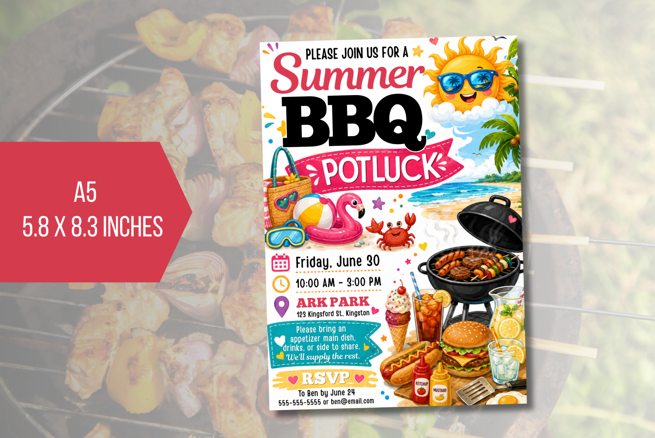 EDITABLE Summer BBQ Potluck Invite, BBQ Summer Party Invitation