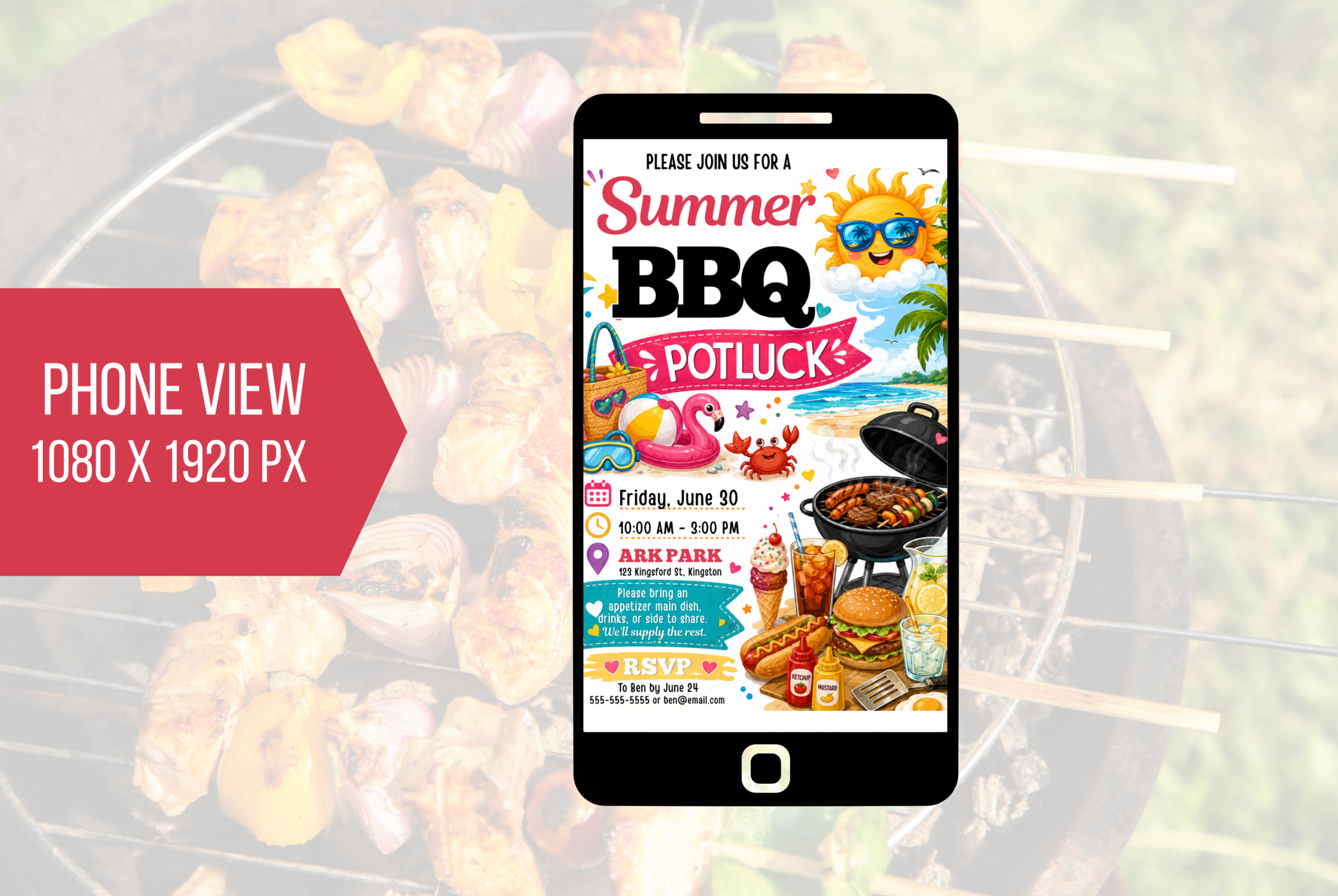 EDITABLE Summer BBQ Potluck Invite, BBQ Summer Party Invitation