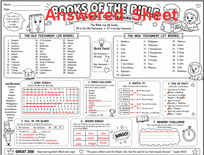 Books of The Bible Kids Worksheet